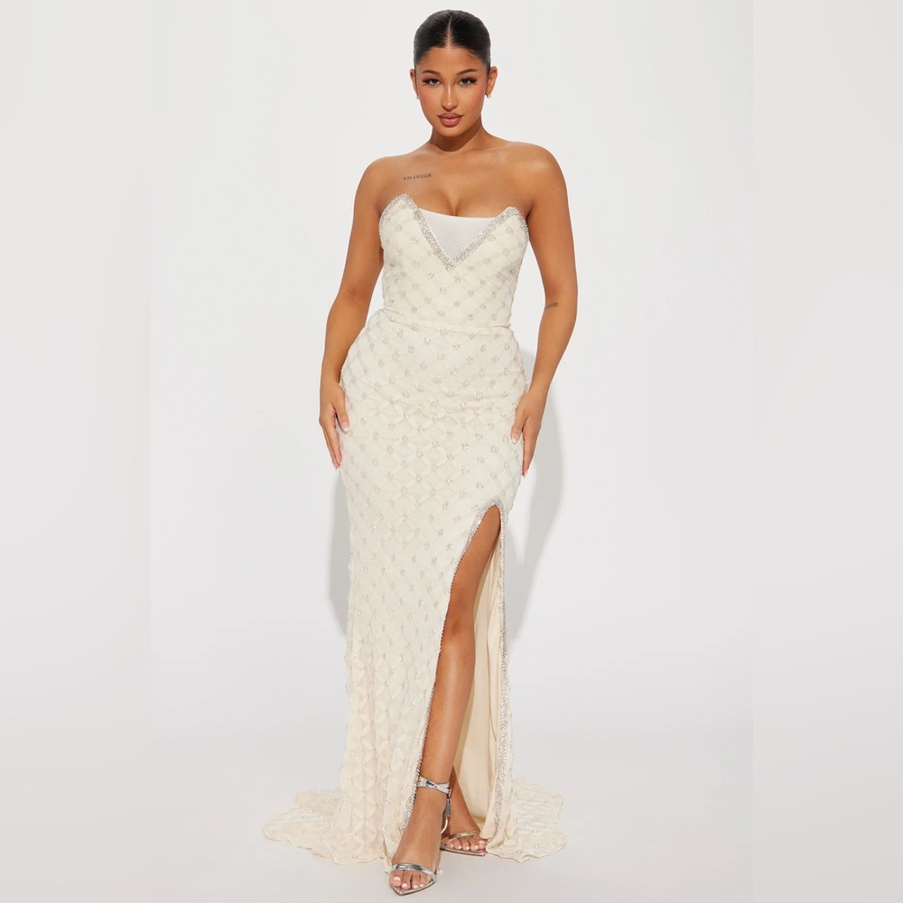 Embellished Cream Strapless Maxi Dress